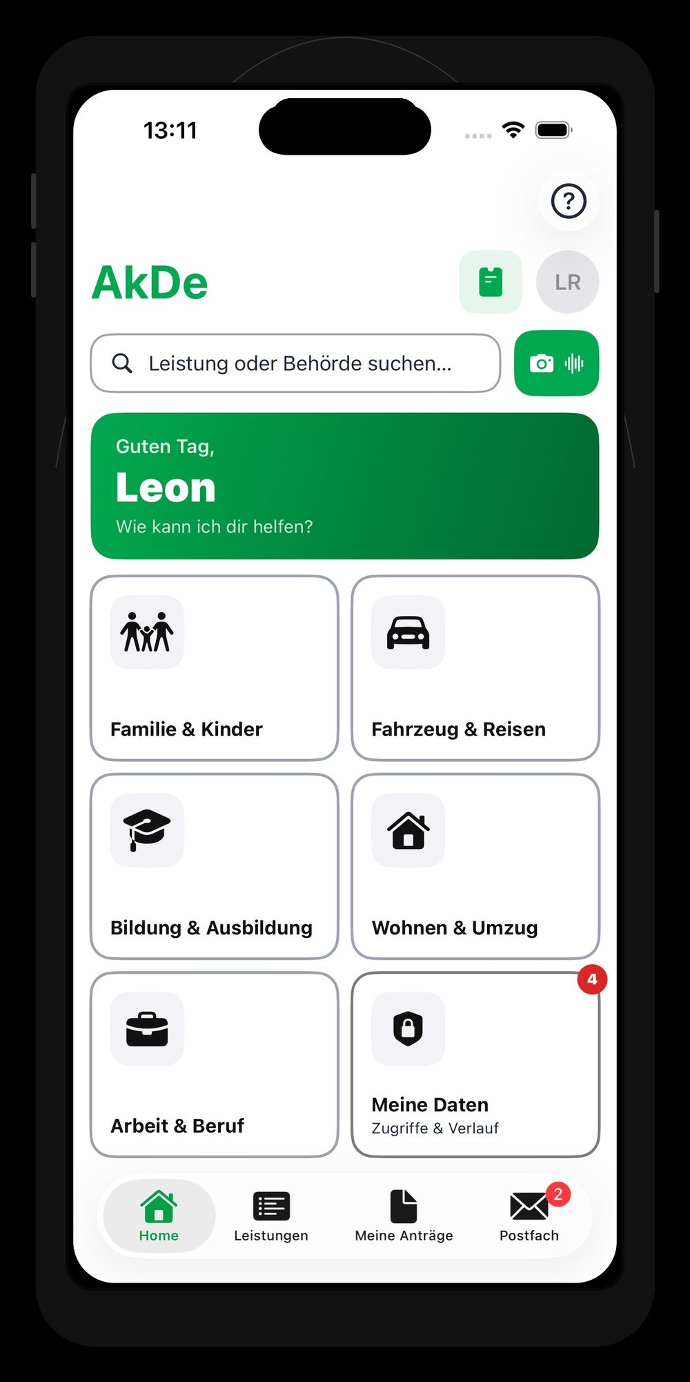 Startseite mit Begrüßung und den Lebenslagen als Kacheln
