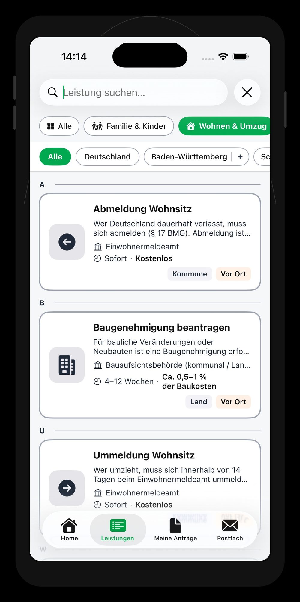 Leistungssuche mit Filtern nach Lebenslage und Bundesland
