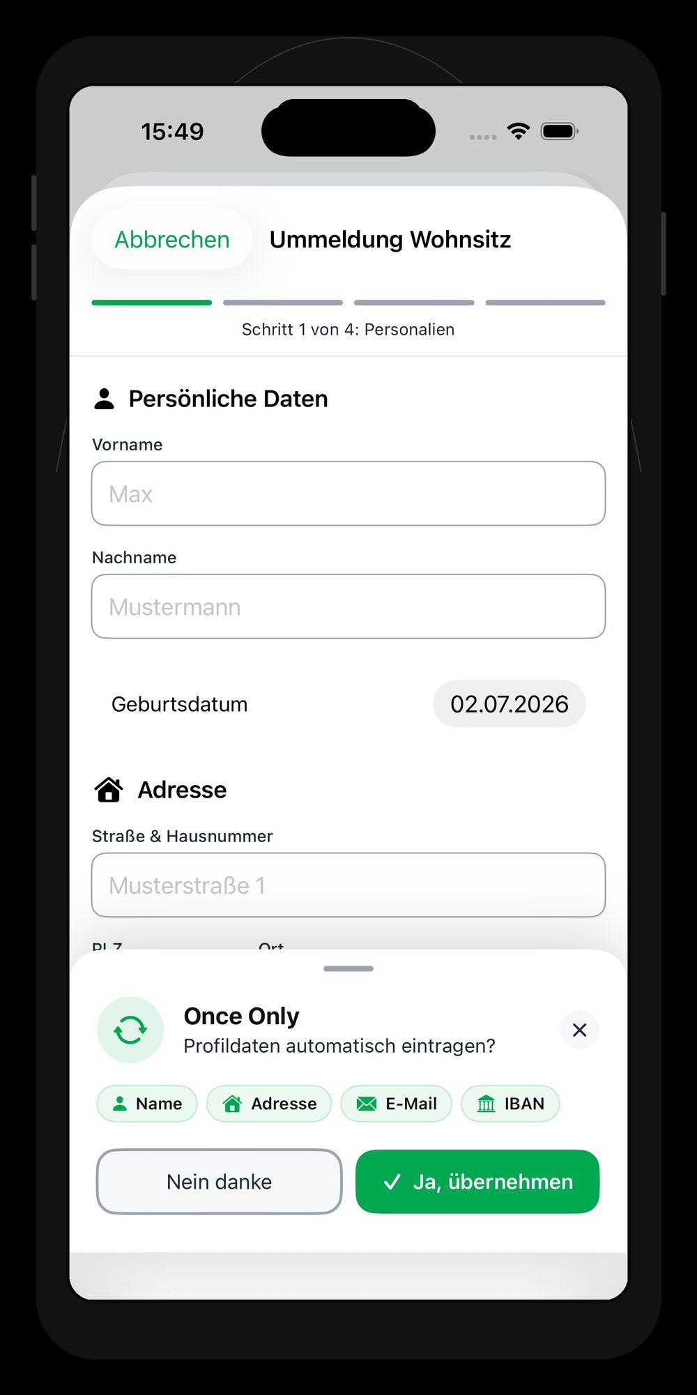 Formular mit Once-Only-Abfrage zur Übernahme der Profildaten