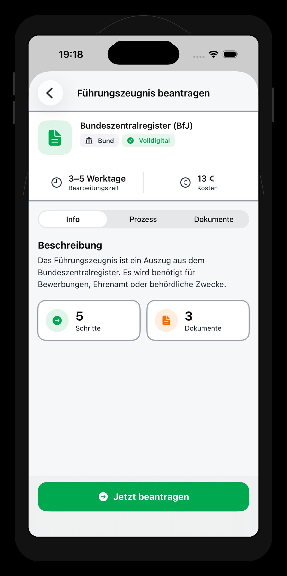 Detailansicht Führungszeugnis: Info-Tab mit Dauer und Kosten