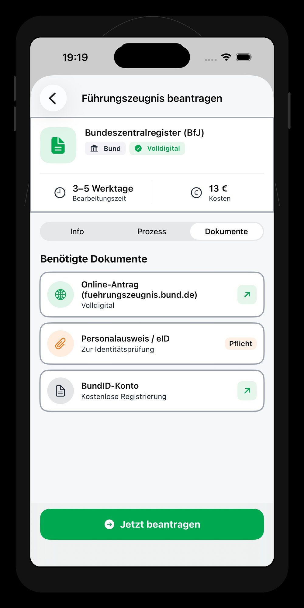 Dokumente-Tab mit benötigten Unterlagen