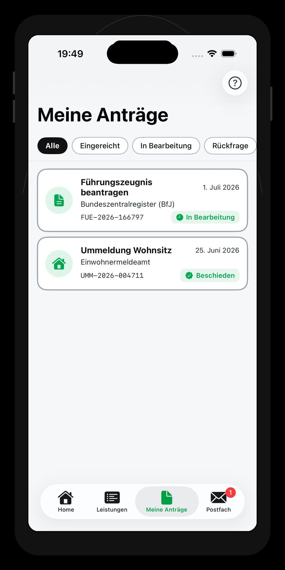 Übersicht „Meine Anträge“ mit Statusbadges