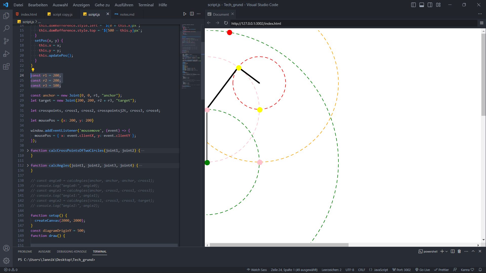 Code und Visualisierung der Kinematik im Browser