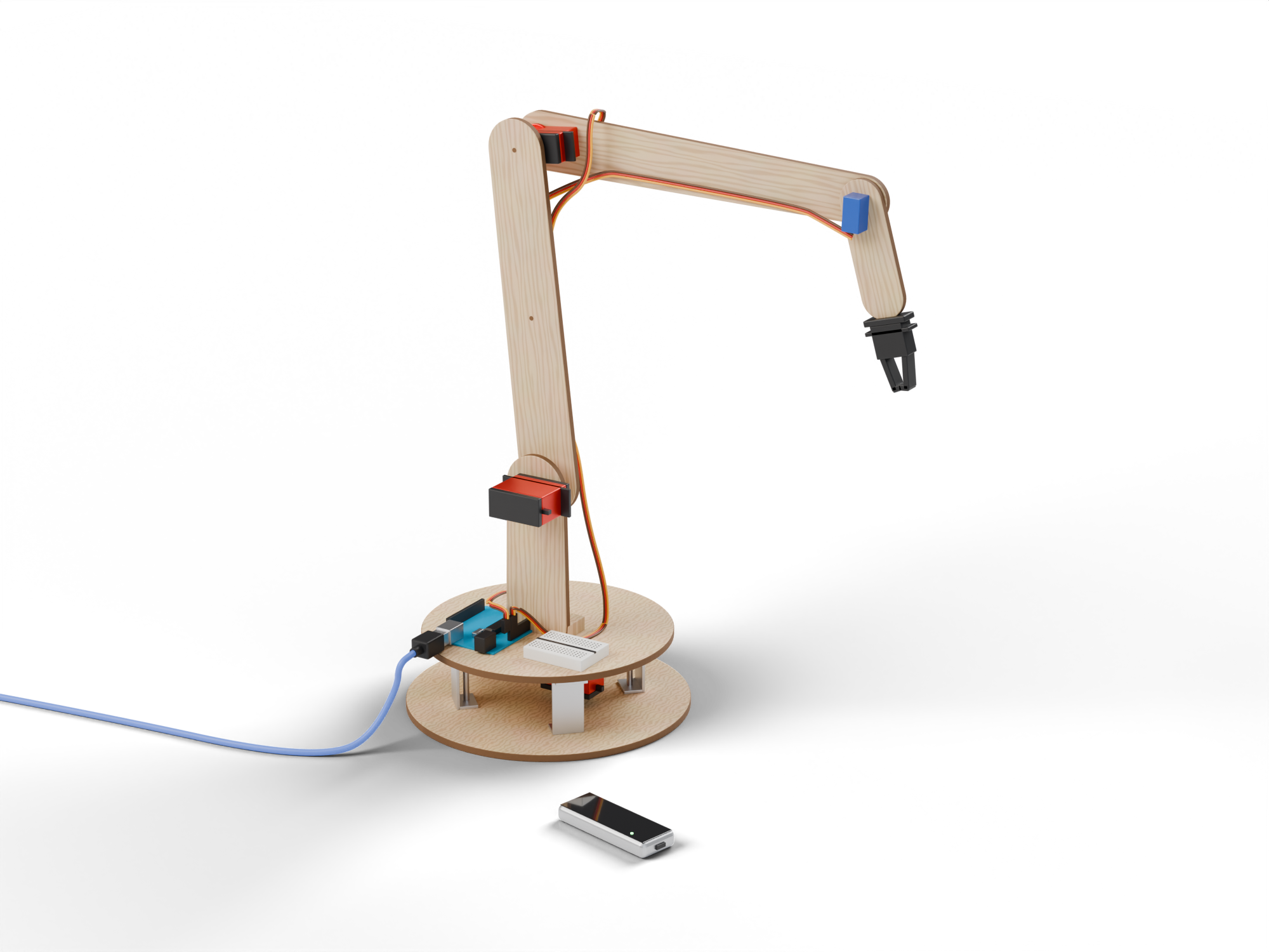 3D-Rendering des Roboterarms aus Sperrholz mit Leap Motion