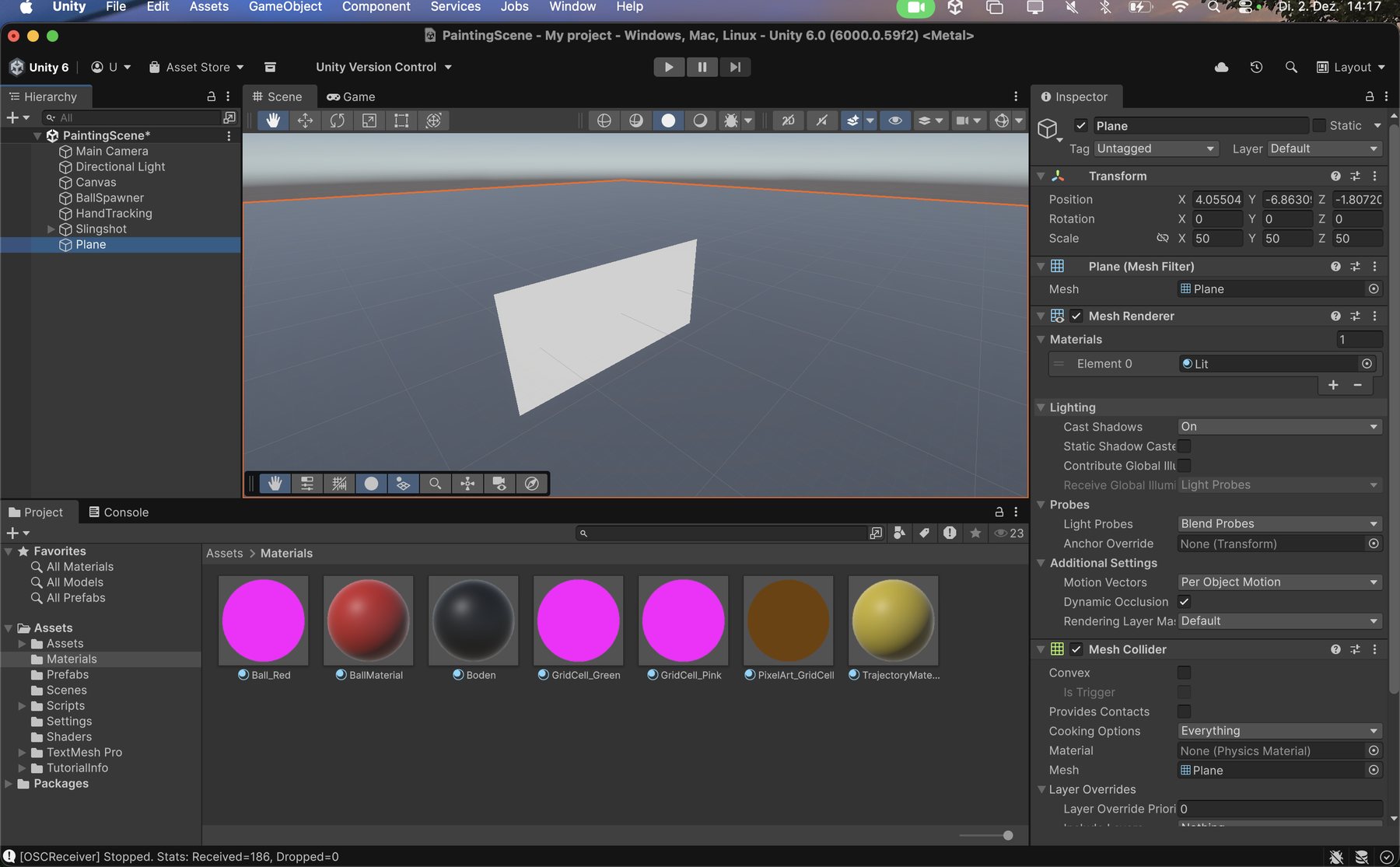 Unity-Szene mit Leinwand und Materialien der Farbbälle