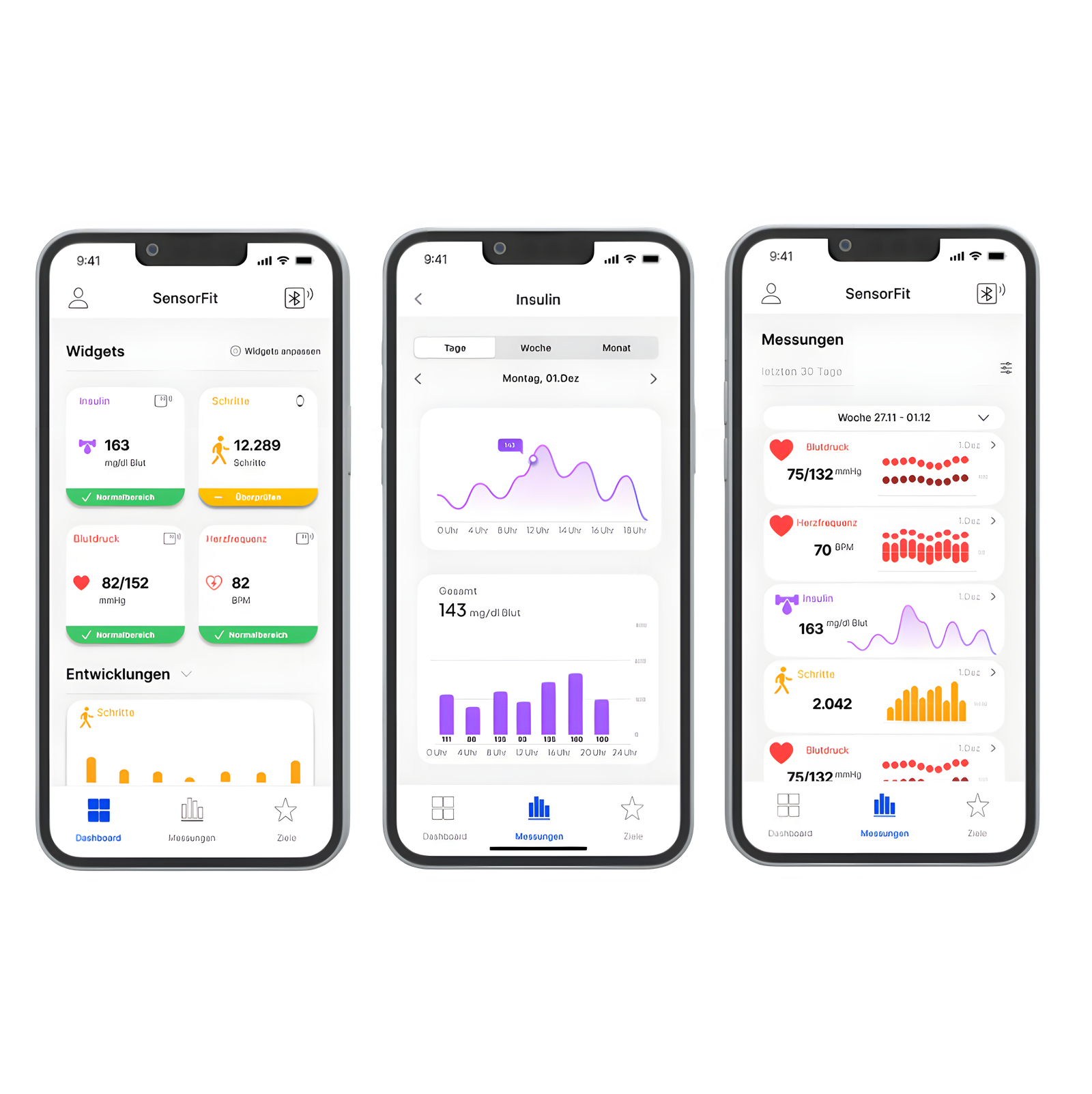 Drei Screens der SensorFit-App