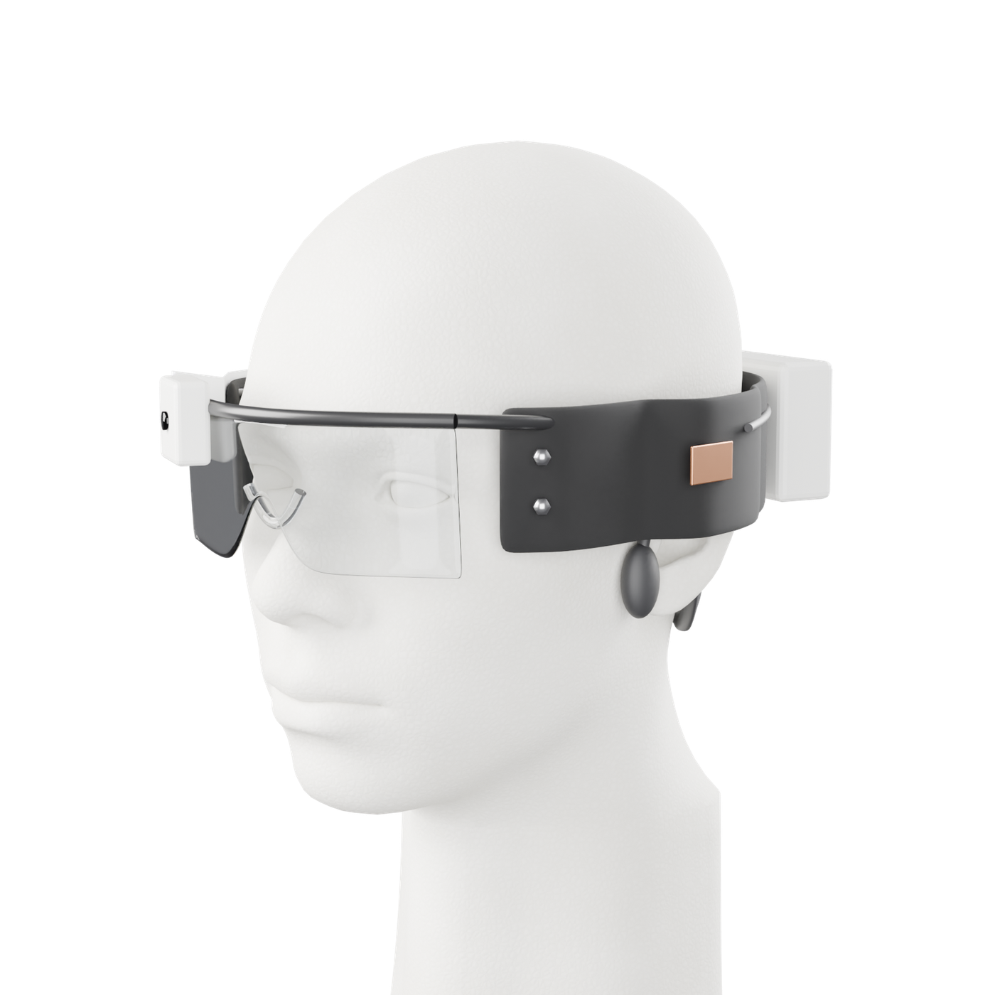 3D-Rendering der Smart Glasses auf einem Kopfmodell